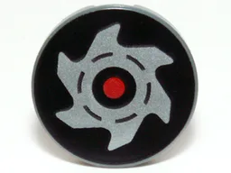 Tile, Round 2 x 2 with Bottom Stud Holder with Red Circle and Silver Saw Blade on Black Background Pattern
