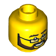 Lego Minifig Head, Rectangular Glasses, Black and Brown Beard and Moustache, Bushy Eyebrows, Open Smile Print [Hollow Stud] / Yellow