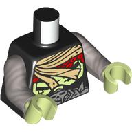 Lego Torso, Tan Wrappings, Red Armor, Yellowish Green Ribcage, Silver Belt with Skull print , Flat Silver Arms, Yellowish Green Hand / Black