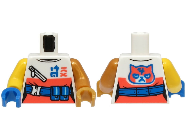 Lego Torso Female Top with Coral Panel and Cat Face, Blue Belt, Ninjago Logogram 'SORA' Pattern (BAM) / Pearl Gold Arm Left / Yellow Arm Right / Pearl Gold Hand Left / Blue Hand Right