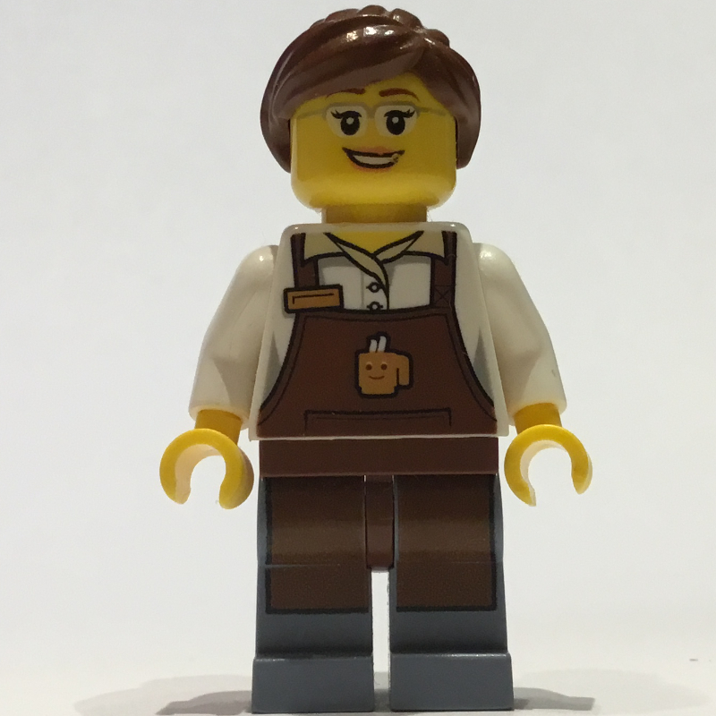 Lego Barista, Woman, White Torso, Reddish Brown Apron, Reddish Brown Hair, Glasses