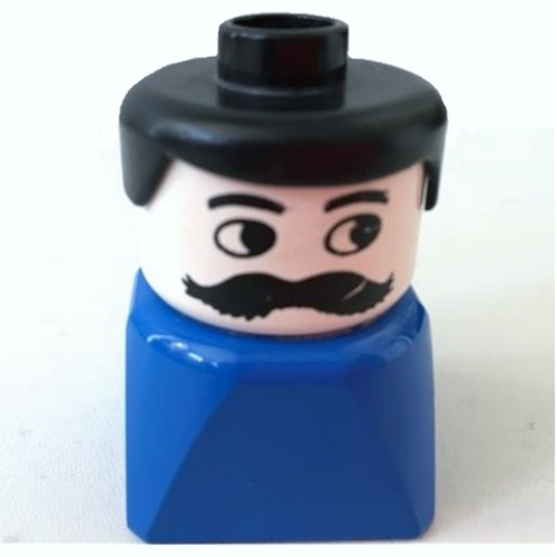 Lego Duplo 2 x 2 x 2 Figure Brick Early, Neat Hair Black, Mustache Print / Blue