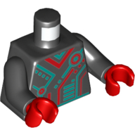 Lego Torso Red and Dark Turquoise Circuitry Print, Black Arms, Red Hands / Black