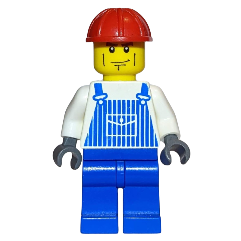 Lego Construction Worker, White and Blue Overalls, Red Hard Hat, Cheek Lines