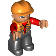 Lego Duplo Figure with Construction Helmet Orange, with Orange Vest over Red Long Sleeve Shirt, Black Legs / Orange