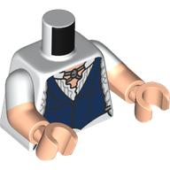 Lego Torso, Dual Molded Arms with Knitted Shirt, Silver Straps, Dark Blue Vest, White Sleeves Pattern, Light Nougat Arms and Hands / White