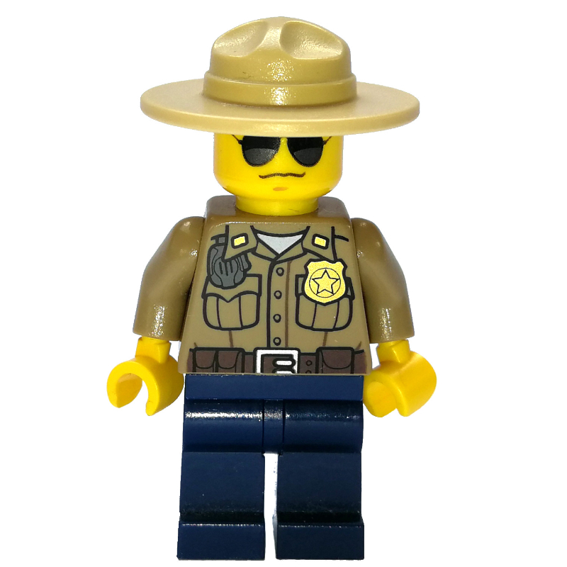 Lego Forest Police / Ranger, Dark Tan Shirt with Radio and Badge, Dark Blue Legs, Tan Campaign Hat, Sunglasses