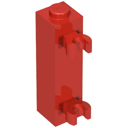Brick Special 1 x 1 x 3 with 2 Clips Vertical [Solid Stud, Thick U Clips] / Red
