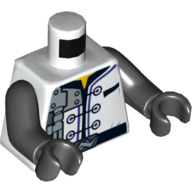 Lego Torso Robe with Three Black Clasps, Mechanical Components and Silver Saw Blade Emblem Print, Black Arms and Hands / White