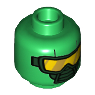 Lego Minifig Head HYDRA Henchman, Dual Sided, Scuba Mask with Yellow Goggles, Yellow 'H' on Back Print [Hollow Stud] / Green