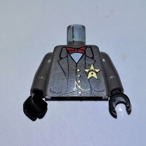Lego Torso Jacket, Vest, Star Badge, Red Bow Tie and Watch Fob Print (Sheriff), Dark Gray Arms, Black Hands / Dark Gray