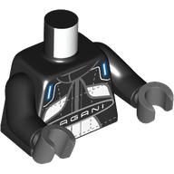 Lego Torso, Race Suit, Dark Blue/White Patches, 'PAGANI' print, Black Arms, Dark Bluish Gray Hands / Black