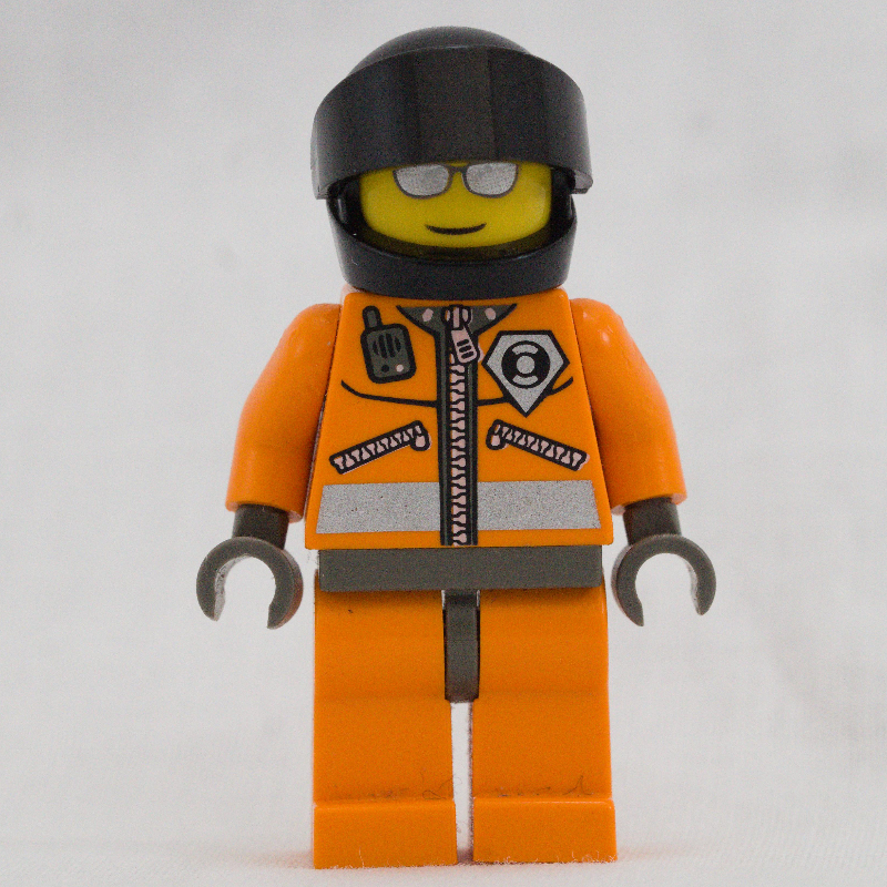 Lego Coast Guard, Orange Jumpsuit with Zipper, Radio, and Badge, Dark Gray Helmet with Visor, Silver Sunglasses