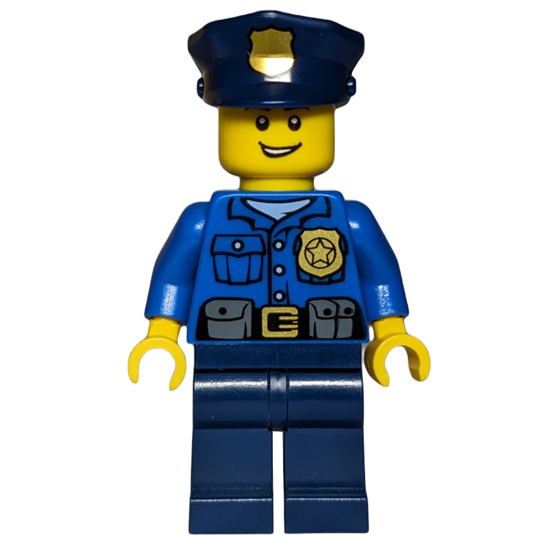 Lego Policeman, Blue Shirt with Badge and Pouches, Dark Blue Legs, Dark Blue Police Hat with Badge, Open Mouth