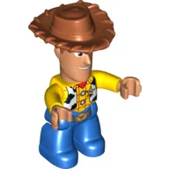 Duplo Figure with Cowboy Hat, Blue Legs, and White Cow Skin Vest Print (Woody) / Yellow