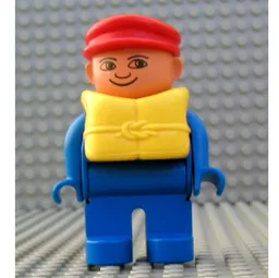 Duplo Figure, Early, with Flat Cap Red, Blue Legs, Life Jacket, No White in Eyes Print / Blue