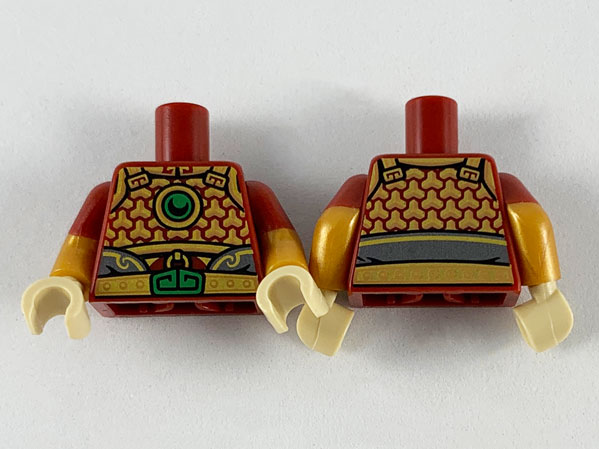 Lego Torso Armor with Gold Trim, Green Circle and Buckle Pattern / Pearl Gold Arms with Molded Dark Red Short Sleeves Pattern / Tan Hands