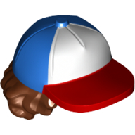 Lego Hair and Hat, Cap with White and Red Front and Reddish Brown Curly Hair / Blue