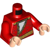Torso White Lightning Bolt on Gold Field, Gold Trim Print (Shazam), Red Arms, Light Nougat Hands / Red