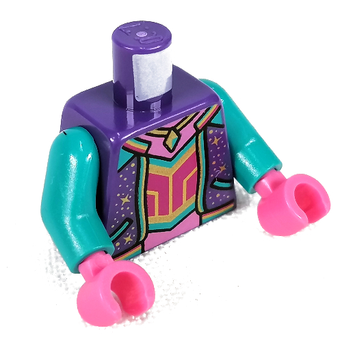 Lego Torso Jacket with Bright Light Yellow and Dark Turquoise Trim, Pendant, Coral and Dark Pink Shirt Print, Dark Turquoise Arms, Dark Pink Hands / Dark Purple