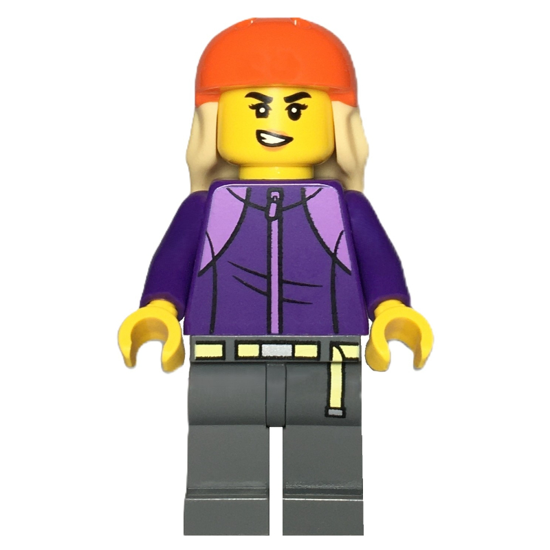 Lego Skateboarder, Dark Purple Torso, Dark Bluish Grey Legs, Reddish Orange Helmet