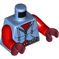 Lego Torso Hoodie with Zipper, Belt with Spider-Man Head Buckle Print, Red Arms, Dark Red Hands / Medium Blue
