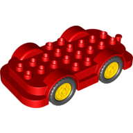 Lego Duplo Car Base 4 x 8 with Four Black Wheels and Yellow Hubs / Red