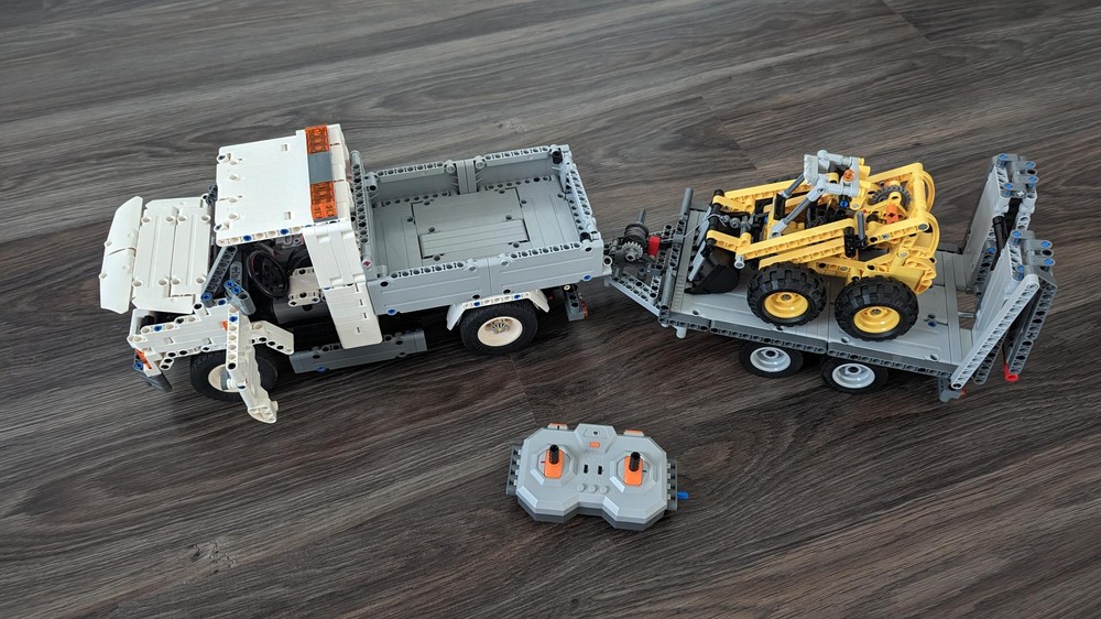 Lego VW T6.1 Pritsche Doka mit Anhänger und Cat Mini Radlader, Baustelle
