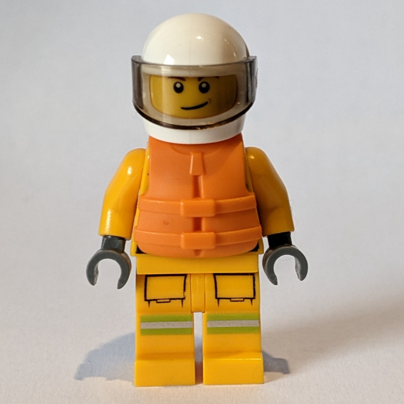 Lego Fireman, Bright Light Orange Fire Suit, White Helmet with Visor, Orange Life Vest