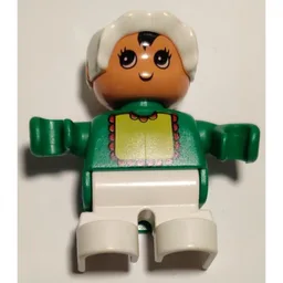 Duplo Figure, Early Child, with Bonnet White, and White Legs, Yellow Bib with Red Lace Print / Green