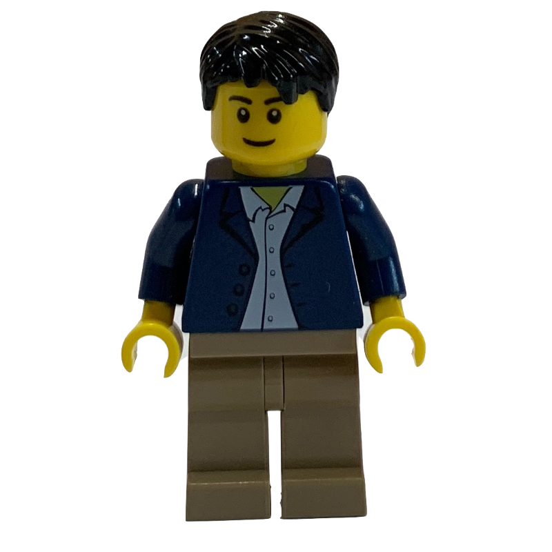 Lego Dark Blue Torso, Dark Tan Legs, Black Hair