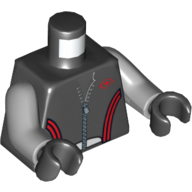 Lego Torso Leather Jacket with Zip, Red Lines and Logo Print, Light Bluish Gray Arms, Black Hands / Black