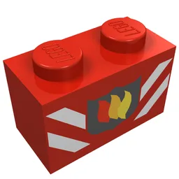 Brick 1 x 2 with Fire Logo Badge and White Stripes Print / Red