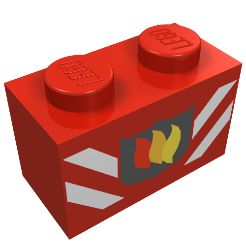 Lego Brick 1 x 2 with Fire Logo Badge and White Stripes Print / Red