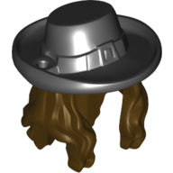 Lego Hair and Hat, Long Wavy with Black Hat with Buckle Print / Dark Brown
