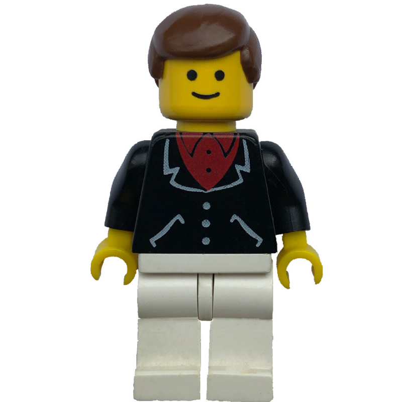Lego Man, Black Jacket over Red Shirt, White Legs, Brown Hair