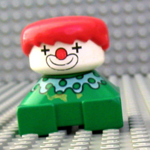 Lego Duplo 2 x 2 x 2 Figure Brick, Spiky Bangs, Red Hair, Clown Make-up, Yellow Collar with Dots Print / Green