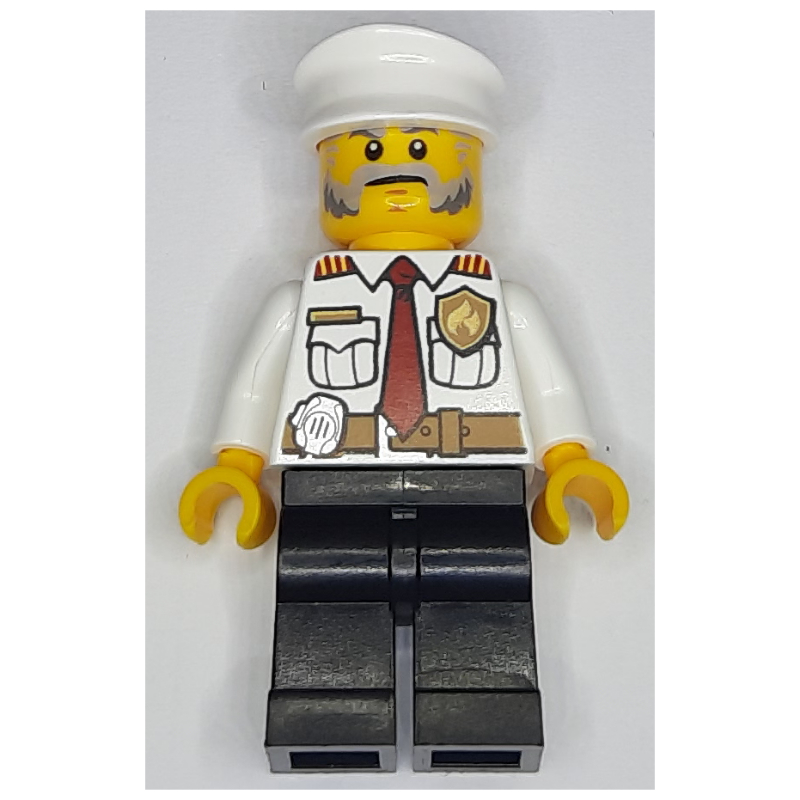 Lego Fireman, White Shirt with Red Tie, Badge, and Radio on Belt, White Hat, Beard