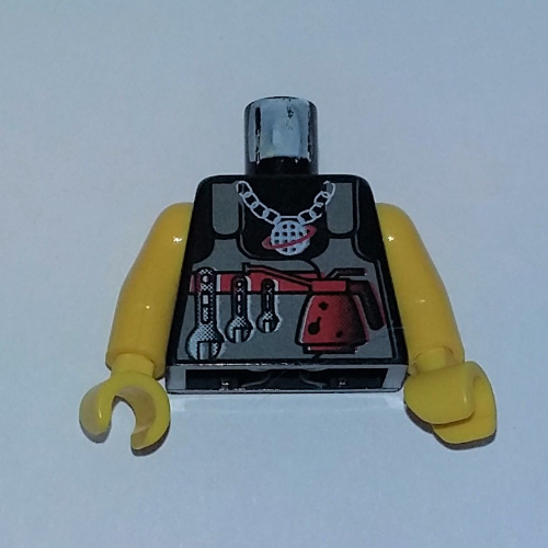 Lego Torso Shirt, Alpha Team Logo on Necklace, Dark Gray Vest, Tools Print, Yellow Arms and Hands / Black