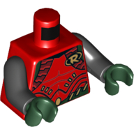 Lego Torso Jumpsuit, Muscles, 'R' Logo, Dark Green and Gold Belt Print, Black Arms, Dark Green Hands / Red