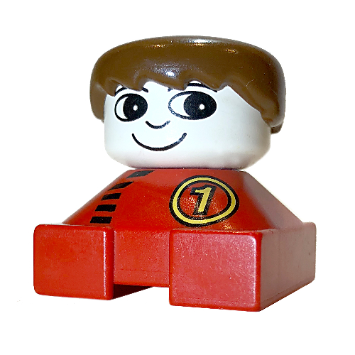 Lego Duplo 2 x 2 x 2 Figure Brick, Spiky Bangs, Brown Hair, White Head, Yellow '1' in Circle, Black Zipper Print / Red