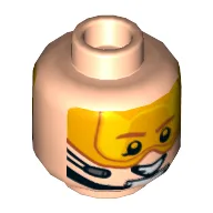 Minifig Head, Orange Visor, Brown Eyebrows, Chin Strap, Headset, Smiling / Scared Print / Light Nougat
