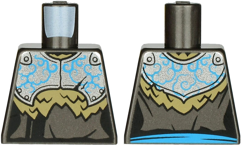 Lego Torso Armor, Silver Plate with Dark Azure Curly Lines over Robe and Dark Tan Fur Pattern
