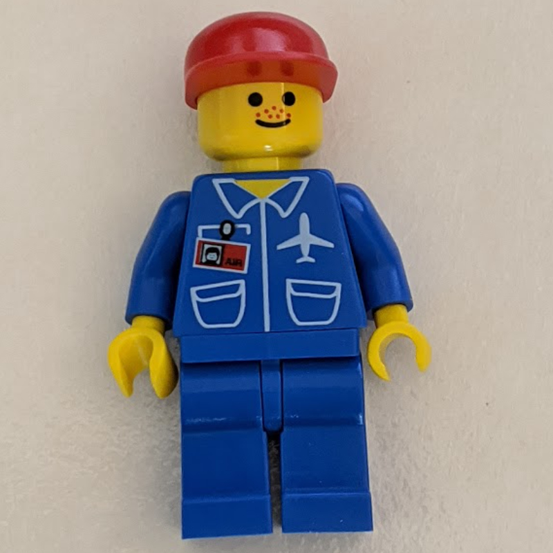 Lego Ground Crew, Blue Jumpsuit with Plane and ID Badge, Red Cap