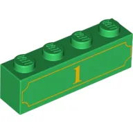 Brick 1 x 4 with Yellow '1' and Fancy Outline Print / Green