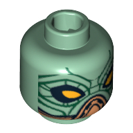 Lego Minifig Head Embo, Large Yellow Eyes / Black Lines Print / Sand Green