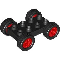 Duplo Car Base 2 x 4 with Fixed Axles - 27.5 Black Tires & Red Wheels / Black
