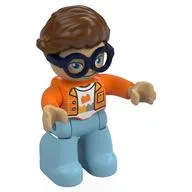 Duplo Figure with Hair Swept Right Reddish Brown, Dark Blue Glasses, with Medium Azure Legs, Shirt Print / Orange