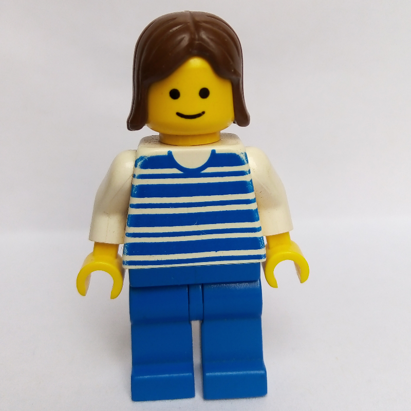 Lego Woman, Blue and White Stripe Shirt, Blue Legs, Brown Hair