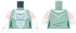 Torso Female Dress with Dark Green Trim, Silver Dots and White Necklace and Stitching Pattern / White Arms with Molded Light Nougat Short Sleeves Pattern / White Hands / Sand Green